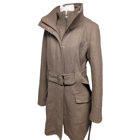 Calvin Klein Oat Beige Wool Blend Belted Zip Up Coat - Women's Size 10 - Picture 2 of 13